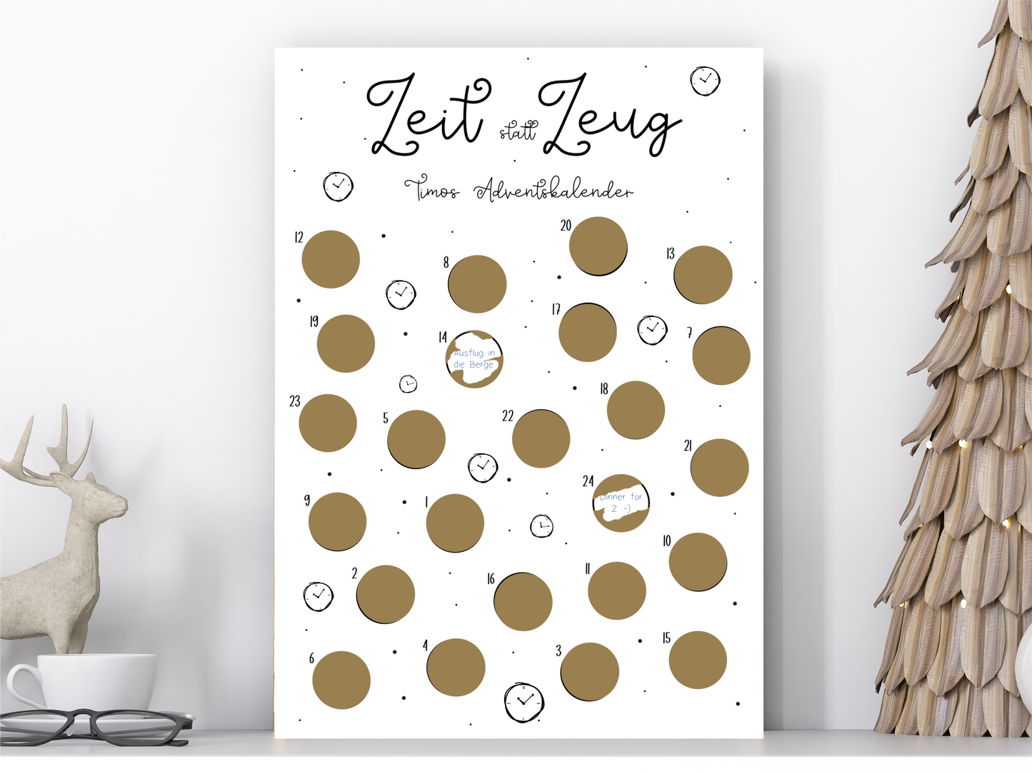 Zeit statt Zeug – persönlicher Adventskalender mit 25 goldenen Rubbelstickern