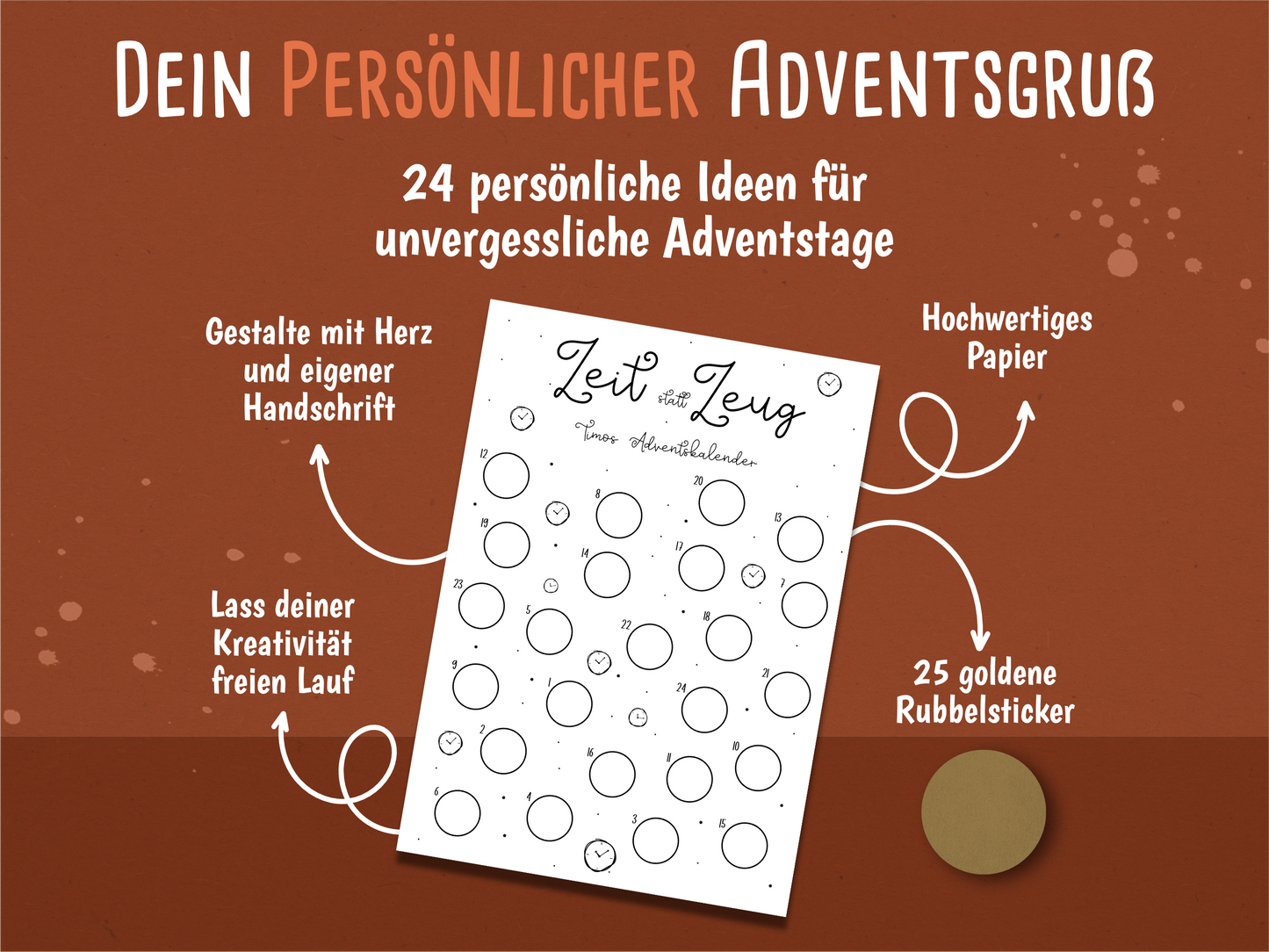 Zeit statt Zeug – persönlicher Adventskalender mit 25 goldenen Rubbelstickern