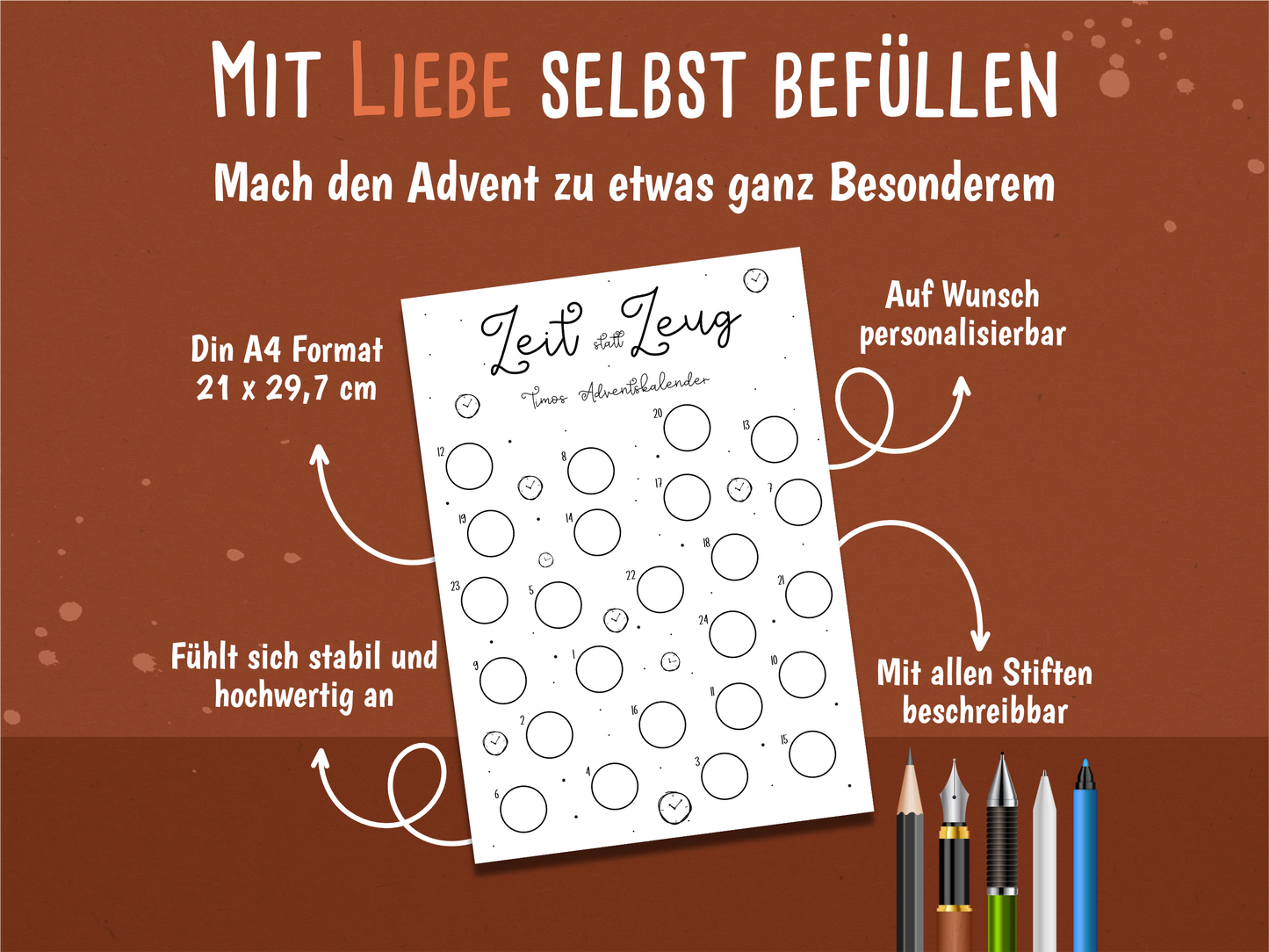 Zeit statt Zeug – persönlicher Adventskalender mit 25 goldenen Rubbelstickern