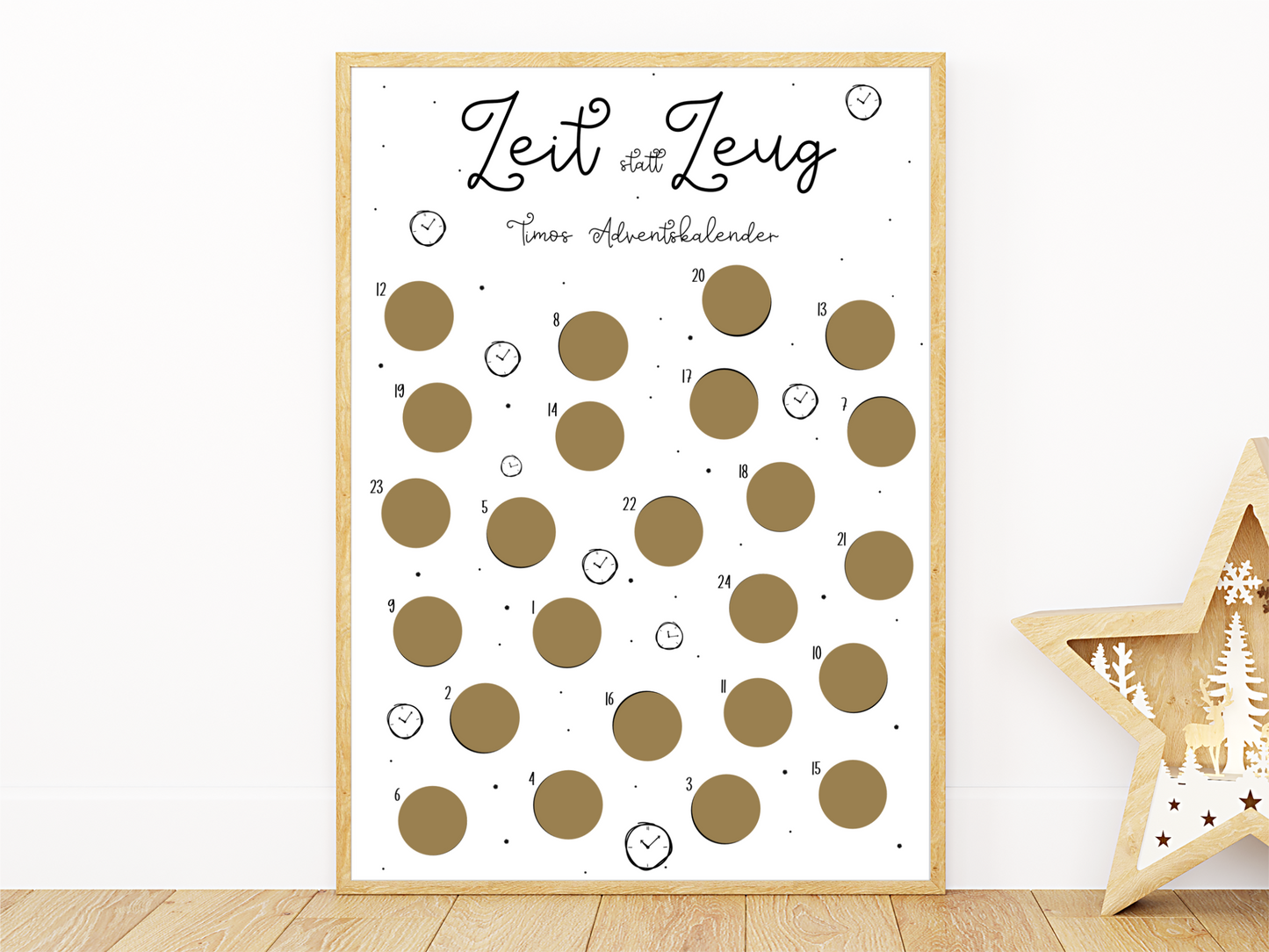 Zeit statt Zeug – persönlicher Adventskalender mit 25 goldenen Rubbelstickern