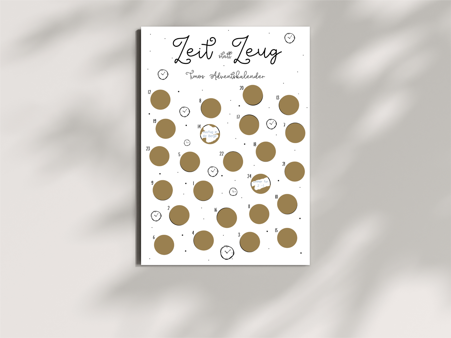 Zeit statt Zeug – persönlicher Adventskalender mit 25 goldenen Rubbelstickern