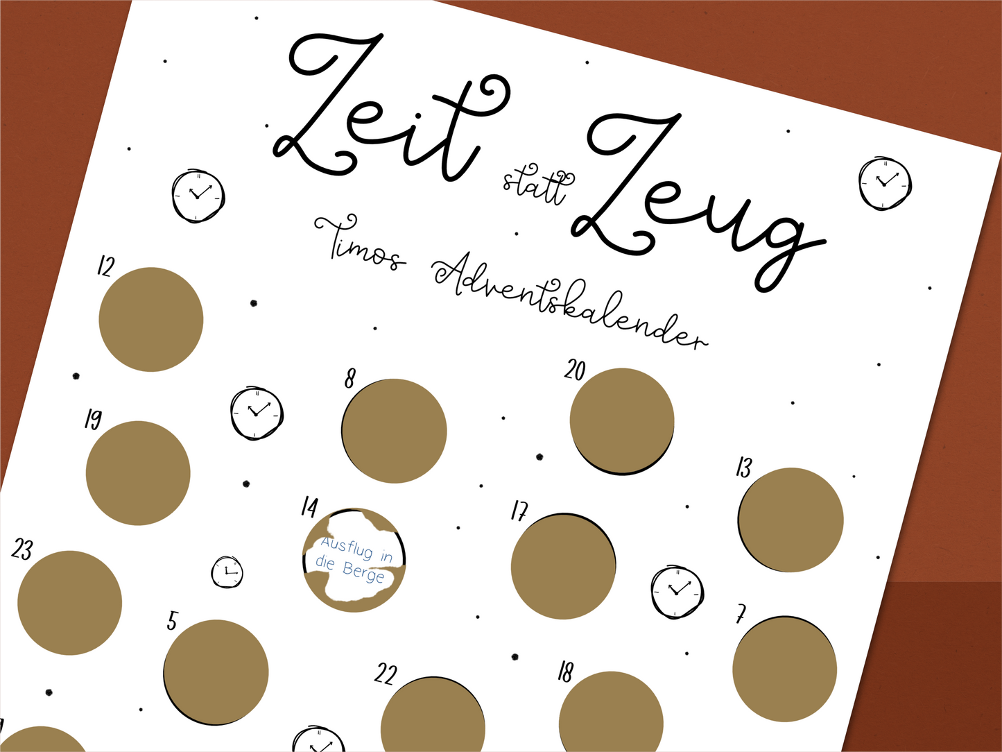 Zeit statt Zeug – persönlicher Adventskalender mit 25 goldenen Rubbelstickern